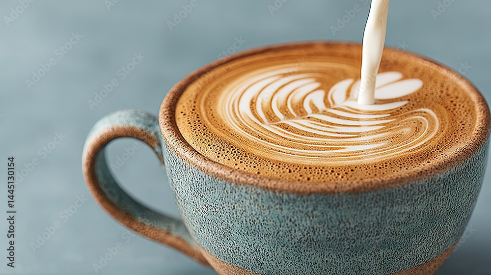 Poster close up of latte art being poured into a ceramic mug with a handle.