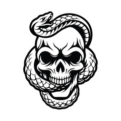 Monochrome Skull with Snake Coiled Around, Black and White Illustration, Isolated Art