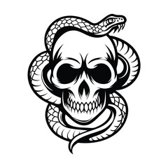 Skull Engulfed by Snake, Monochrome Tattoo Style on White Background