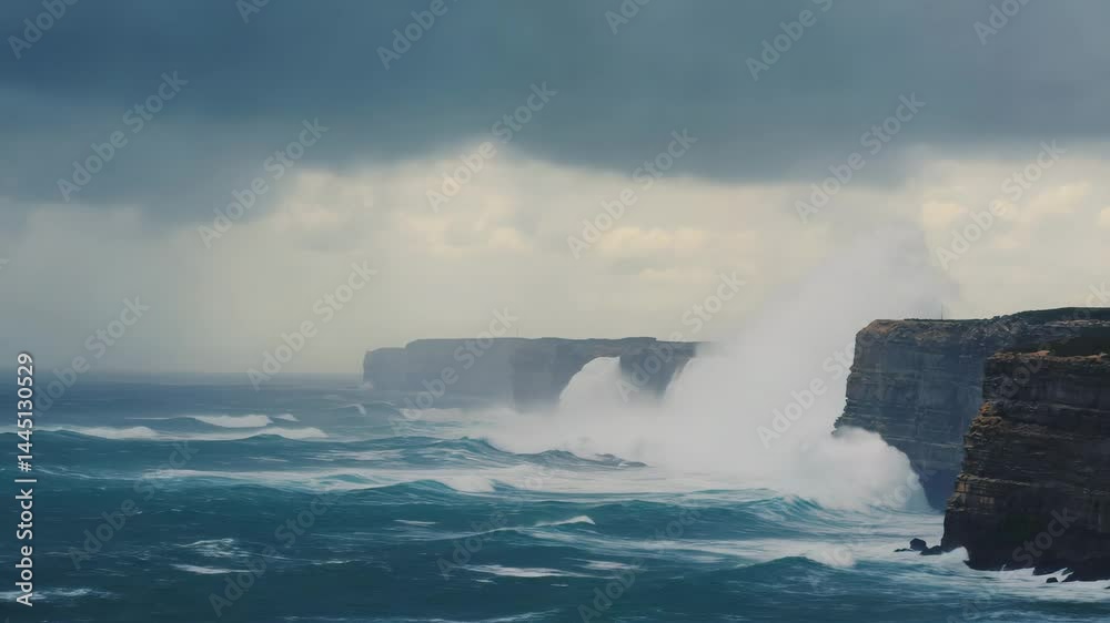Poster rocky coastline with powerful waves crashing against dark cliffs..