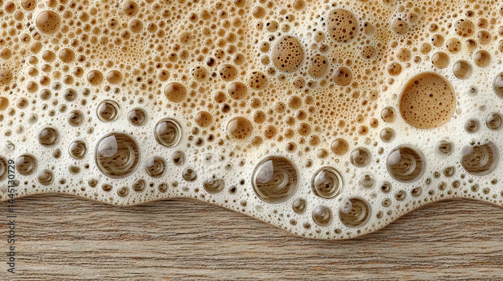 Poster close-up macro of coffee foam with bubbles over a wooden surface, textures.