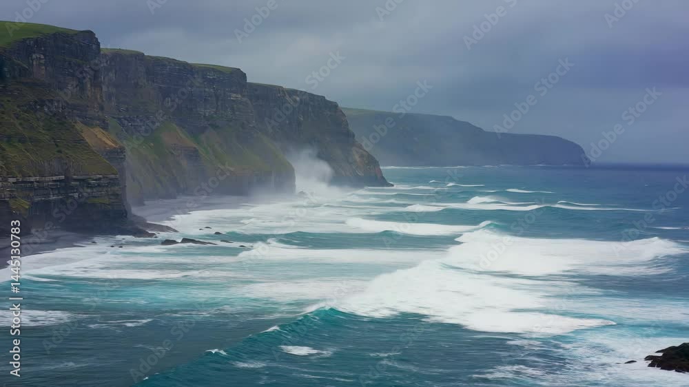 Poster rocky coastline with powerful waves crashing against dark cliffs..