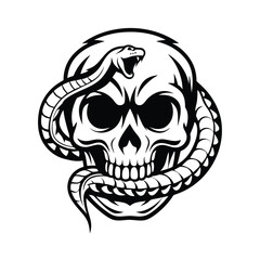 Skull & Snake Tattoo Design Monochrome Illustration, Black and White, Detailed Outline
