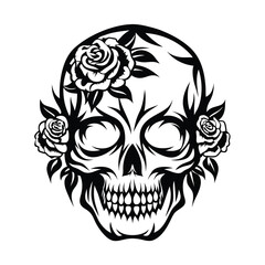 Detailed Skull and Roses Illustration, Black and White, Isolated on White Background