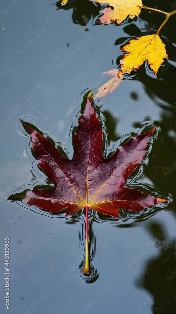 Poster Close-up of vibrant maple leaf floating on calm pond with reflection..

