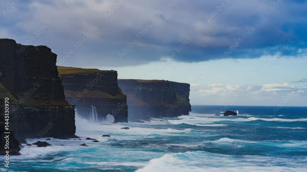 Poster Rocky coastline with powerful waves crashing against dark cliffs..

