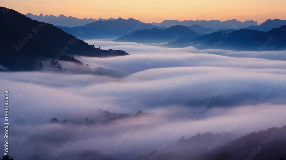 Poster rolling fog enveloping mountain ridge just after sunrise..