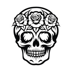 Skull with Roses Monochrome, Spooky, Elegant, Floral Crown, Halloween Design, Print