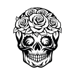 Black & White Skull with Rose Crown, Decorative Death Head & Floral Elements Art