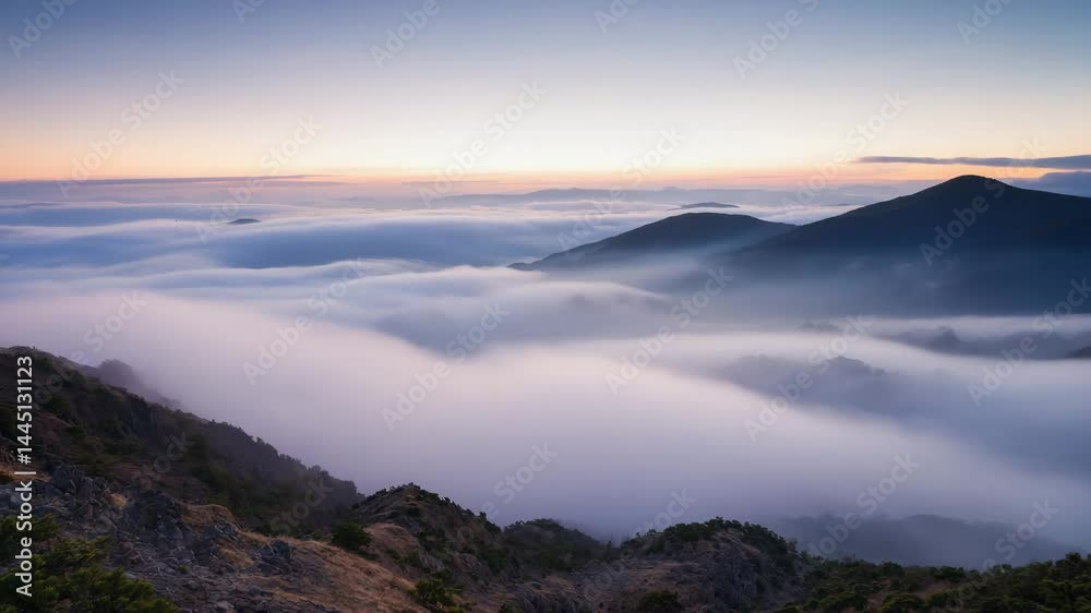 Poster rolling fog enveloping mountain ridge just after sunrise..