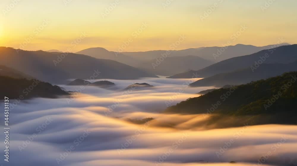 Poster rolling fog enveloping mountain ridge just after sunrise..