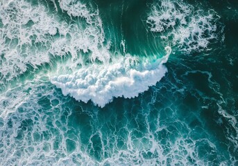 Fototapeta premium Aerial view of ocean waves crashing, frothy white sea foam, turquoise water, nature background.