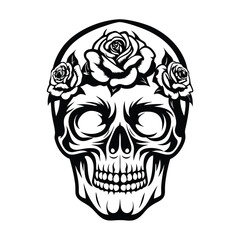 Ornate Skull Black Silhouette with Roses Crown Isolated on White Background