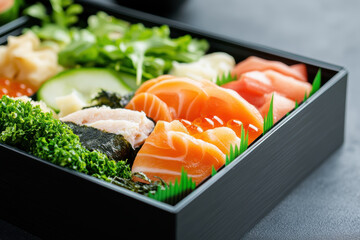 Gourmet sushi bento box with fresh salmon sashimi and assorted vegetables