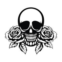 Black and White Skull with Roses Illustration, Line Art Skull Flowers Ornament Design