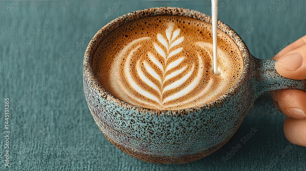Poster Close-up of a beautiful latte art with a leaf pattern being poured in a cup.