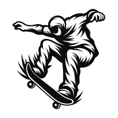 Monochrome Silhouette of Person Performing a Skateboarding Trick on White Background