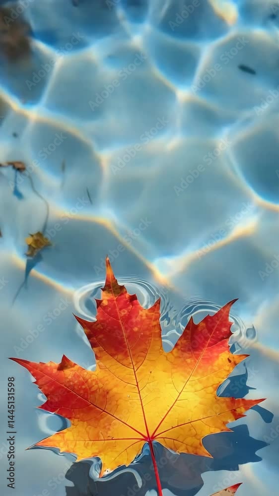 Poster Close-up of vibrant maple leaf floating on calm pond with reflection..

