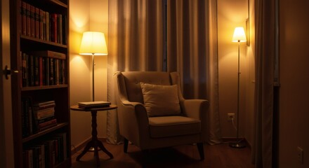 Fototapeta premium Cozy Armchair and Bookshelf in Warm Lighting for Relaxing Evening