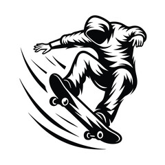 Stylized Silhouette of Skateboarder Performing Aerial Trick With Speed Lines Isolated
