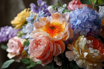 Fototapeta premium Pastel-colored bouquet of peonies, hydrangeas, and roses. A beautiful arrangement of spring flowers.