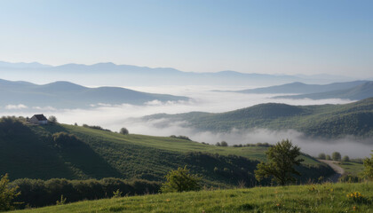 Fototapeta premium Rolling green hills, morning mist, and distant mountains under a clear blue sky create a peaceful, scenic landscape.