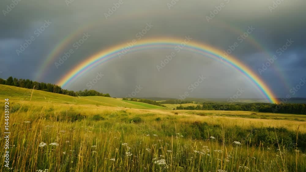 Poster Rainbow arching over open fields after a heavy rainstorm..

