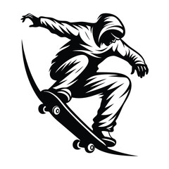 Silhouette Skateboarder Hooded in Action, Black and White Design for Sport Theme Style
