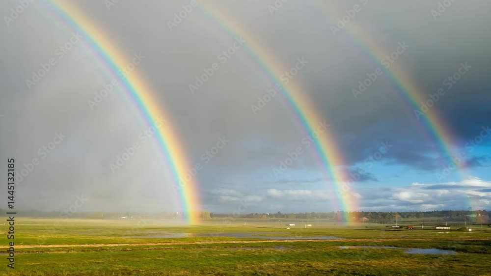 Poster Rainbow arching over open fields after a heavy rainstorm..

