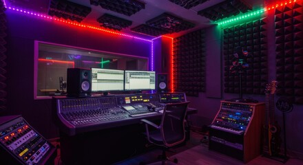 Recording Studio Setup with Mixing Console and Acoustic Treatment Panels