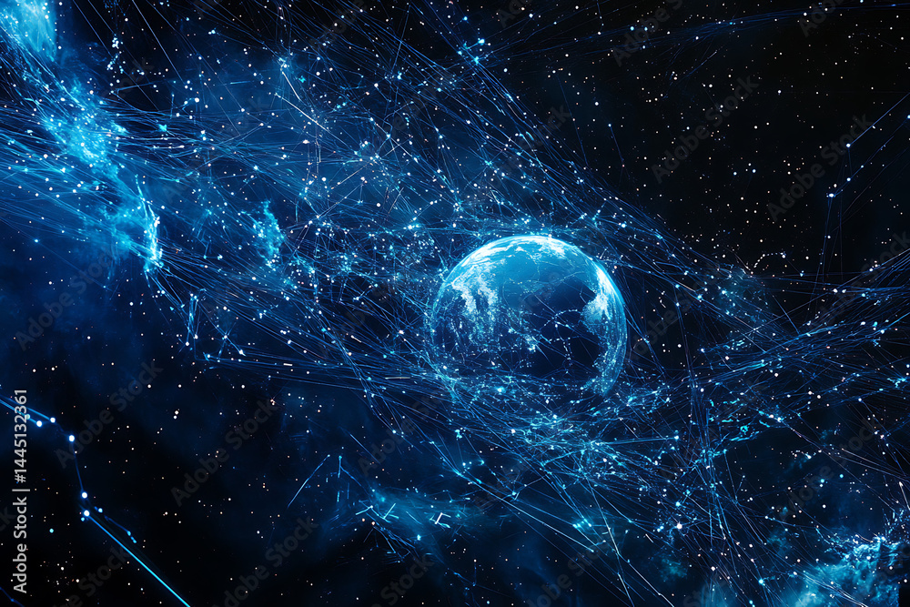Sticker planet earth in space , binary code technology , glowing sphere on black background