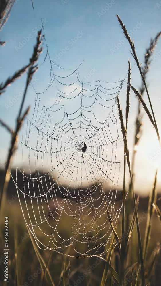 Poster morning dew droplets shining on fresh spider web in meadow..