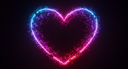 Vibrant neon heart shape, outlined with glowing particles in vibrant pink and blue hues