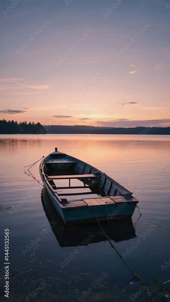 Poster Sunset over tranquil lake with single small boat floating..

