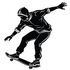 Fototapeta premium Monochrome Figure Skateboarder Silhouette, Hooded, Street Style, Balance, Hand Gestures