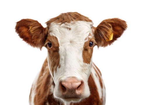Friendly brown and white cow facing the camera on a farm, cut out
