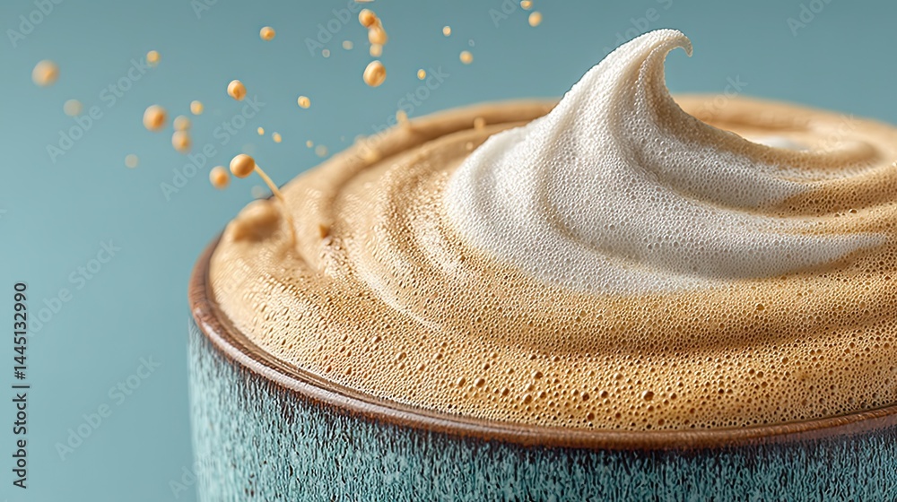 Poster close-up of a delicious cappuccino with artistic foam design and splashes