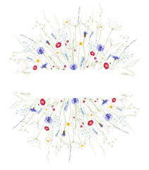 Watercolor floral stripe border frame. Meadow blue cornflowers, daisy, chamomiles, wild flowers, green branches, leaf. Hand drawn style illustration. Artistic template design.