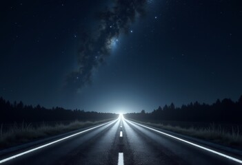 Fototapeta premium Modern empty road illuminated at night with starry sky backdrop 