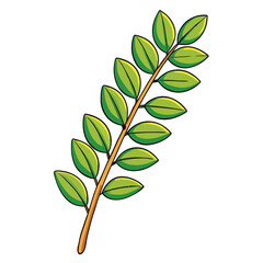 Leafy Branch Cartoon Detailed Green Leaves on Brown Stem, Bold Outline