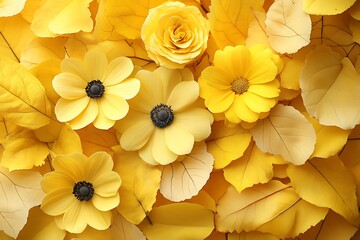 Yellow paper flowers and leaves composition