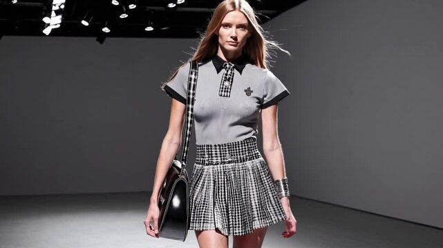 Young woman modeling stylish outfit on runway during fashion show  
