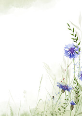 Watercolor floral corner frame. Meadow blue cornflowers, forget-me-not flowers, green branches, leaves, abstract washes. Hand drawn style illustration. Artistic template design.