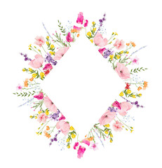 Watercolor floral bright rhombus frame. Diverse meadow pink poppies, violet lavender, orange, yellow flowers, green branches. Hand drawn style illustration. Artistic template design.