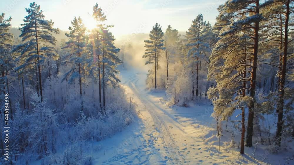 Poster snow-covered pine forest viewed from top with winding narrow path cutting through..