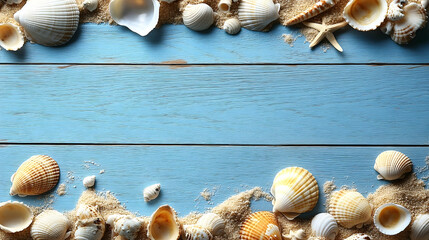 Seashells and Starfish Bordering Light Blue Wooden Planks with S