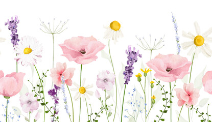 Watercolor floral seamless border horizontal. Meadow pastel pink poppy, violet lavender flowers, chamomiles, green branches. Hand drawn style illustration. Artistic template design.