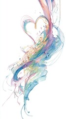 Fototapeta premium A stylized watercolor painting of a heart formed by musical notes and ribbon-like brushstrokes, symbolizing harmony and love through art.