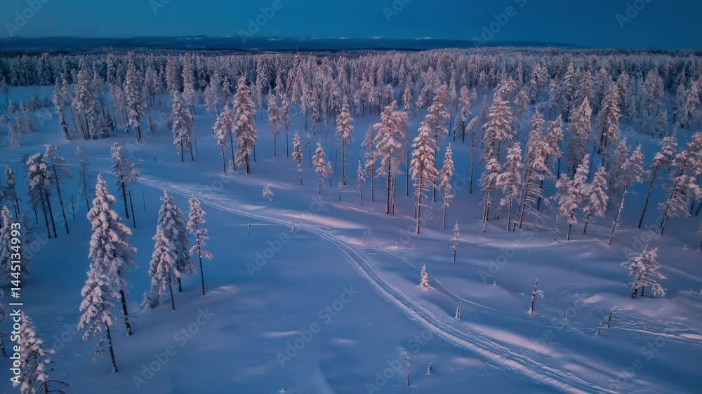 Poster Snow-covered pine forest viewed from top with winding narrow path cutting through..

