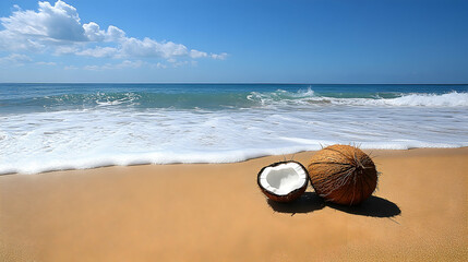 Obraz premium Coconuts on sandy beach with gentle waves under a clear blue sky